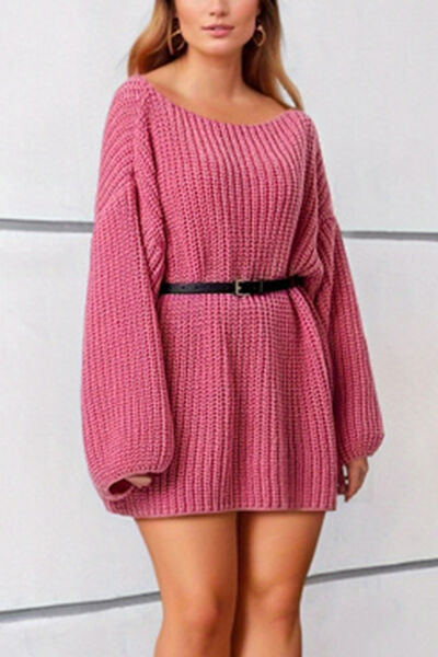 Boat Neck Dropped Shoulder Mini Sweater Dress Carnation Pink One Size
