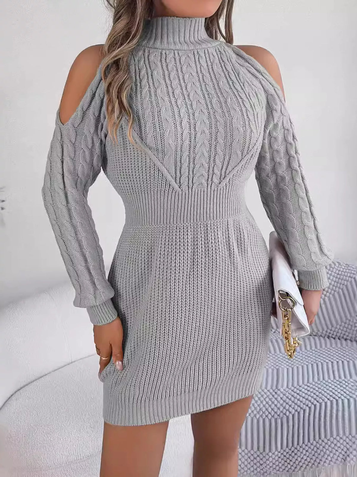 Cold Shoulder Cable Knit Turtleneck Long Sleeve Sweater Dress 15