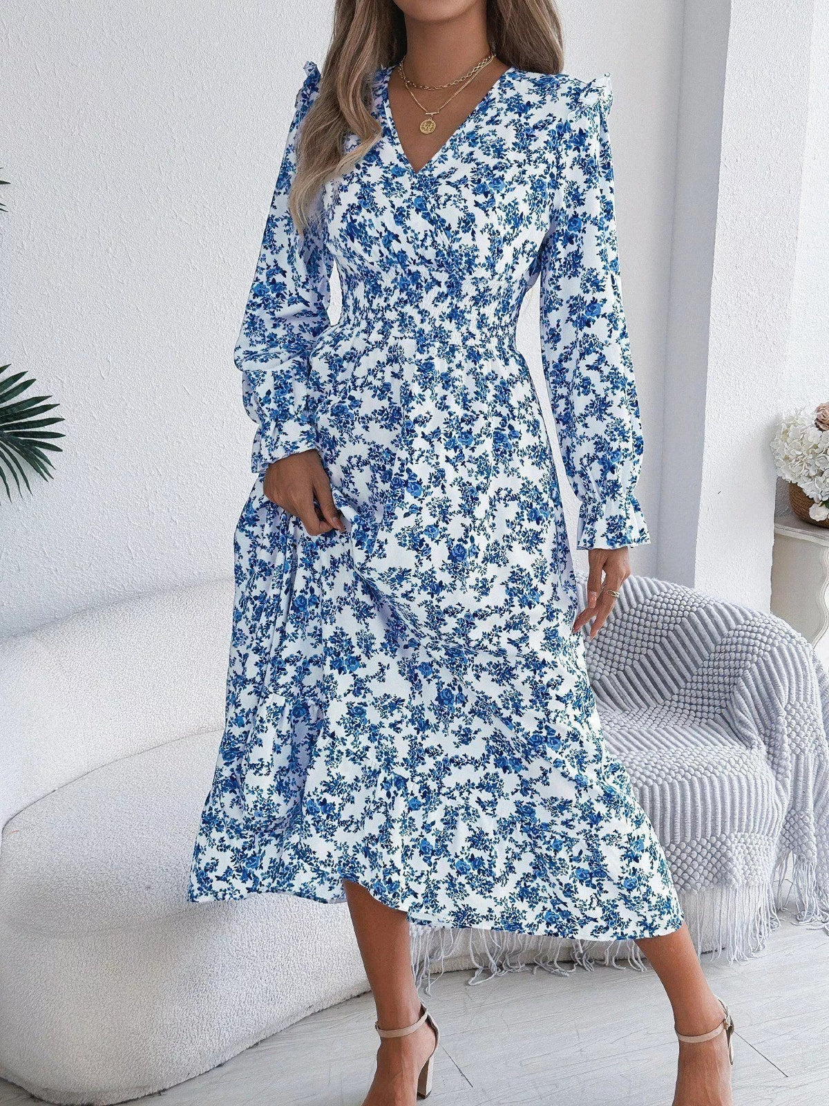 Floral Print Surplice V-Neck Ruffle Shoulder Smocked Waist Tiered Midi Dress 14