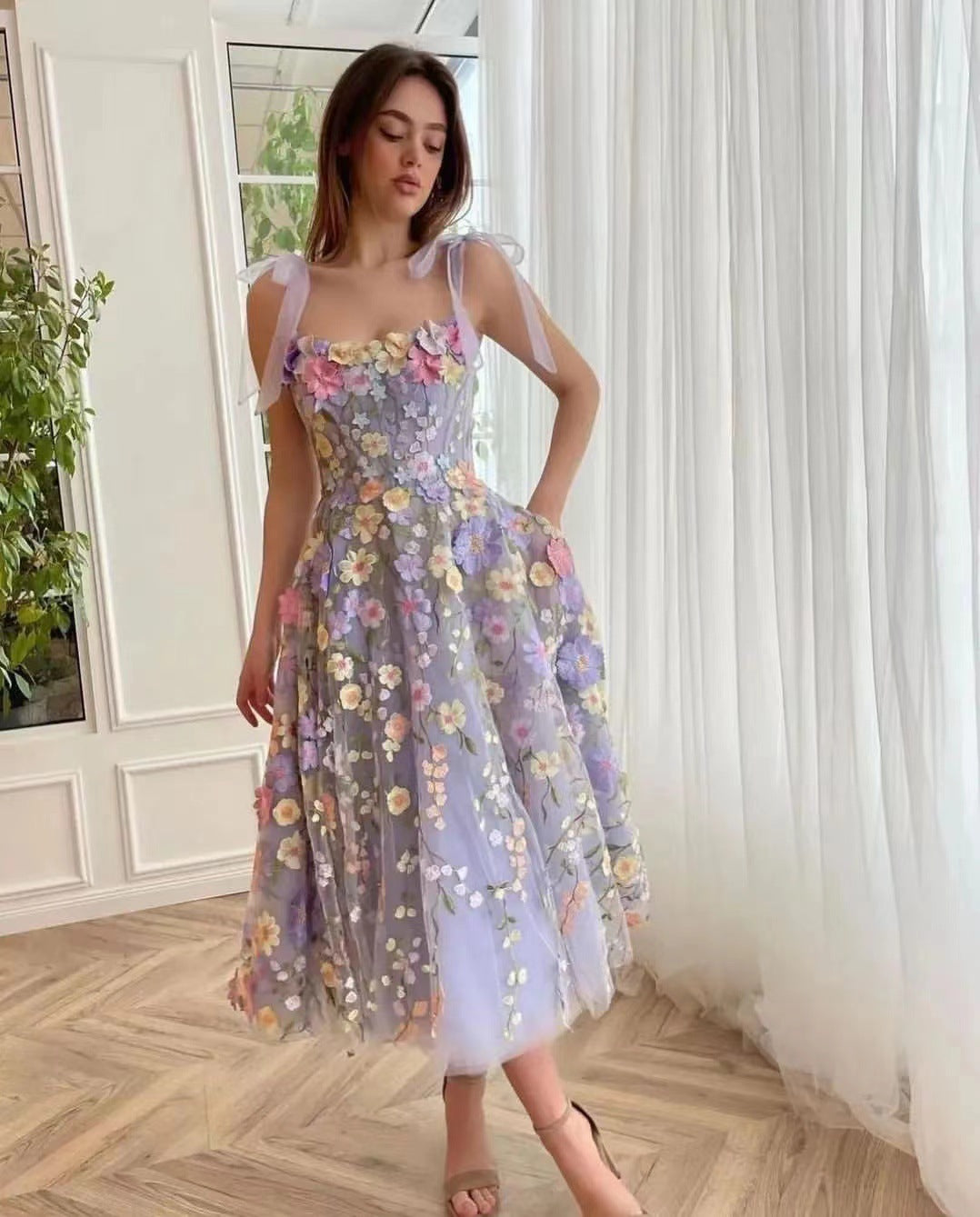 Floral Applique Tie Strap Corset Tulle A-Line Mini Dress