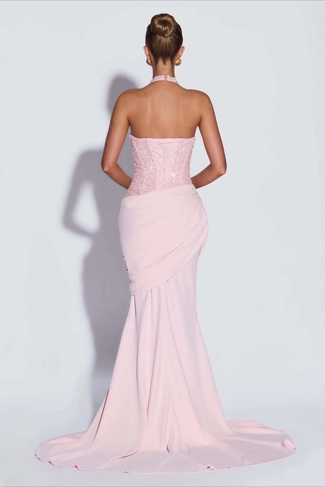 Sequin Patch Halter Deep V Ruched Train Maxi Bodycon Dress