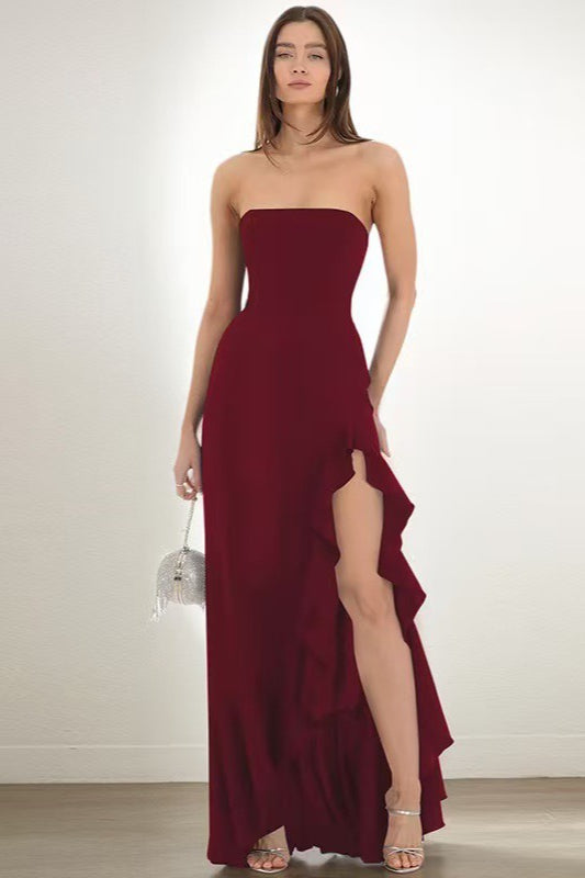 Strapless Ruffle High Slit High Low Maxi Dress