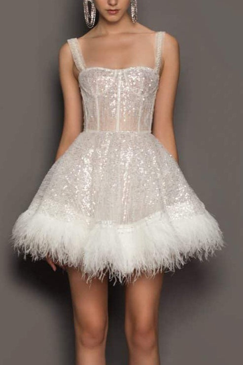 Sequin Square Neck Corset Bodice Feather Hem Fit and Flare Mini Dress 2
