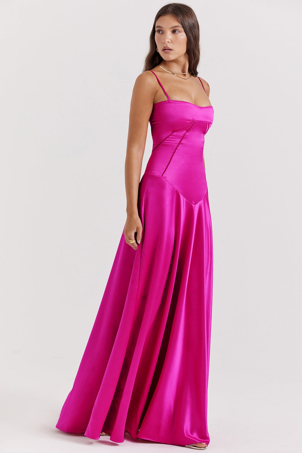 Satin Square Neck Corset Seam Spaghetti Strap Flowy Maxi Dress 6