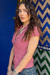 Plaid Button Front Fitted T-Shirt