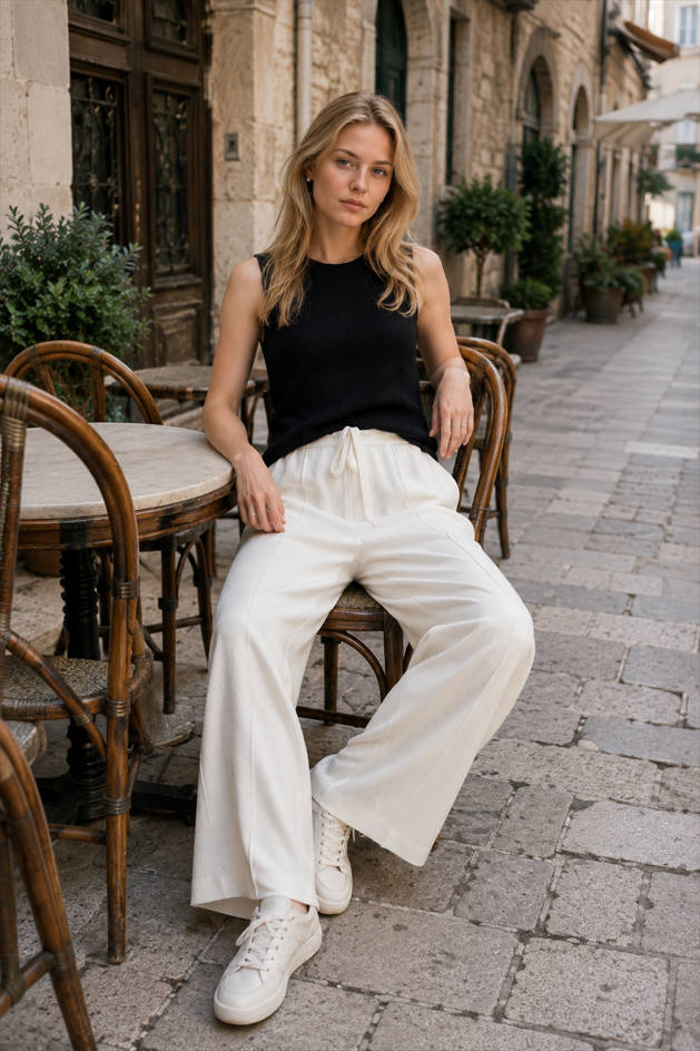 High Waist Drawstring Wide Leg Linen Look Pants