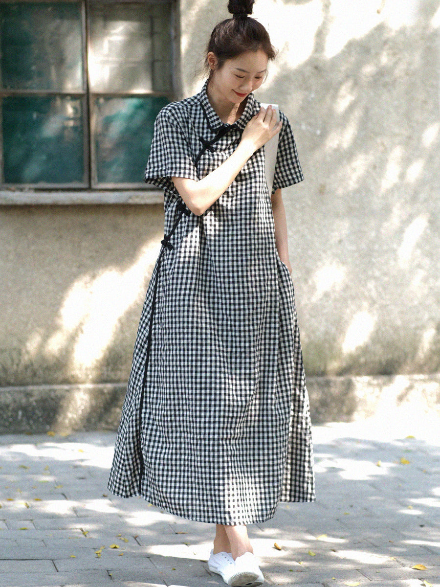 Gingham Check Mandarin Collar Frog Button Short Sleeve Side Slit Maxi Dress