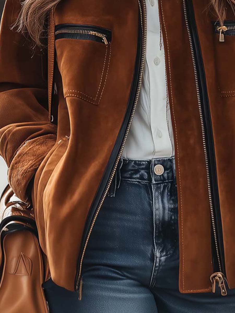 Caramel Microfiber Suede Zip-Up Jacket