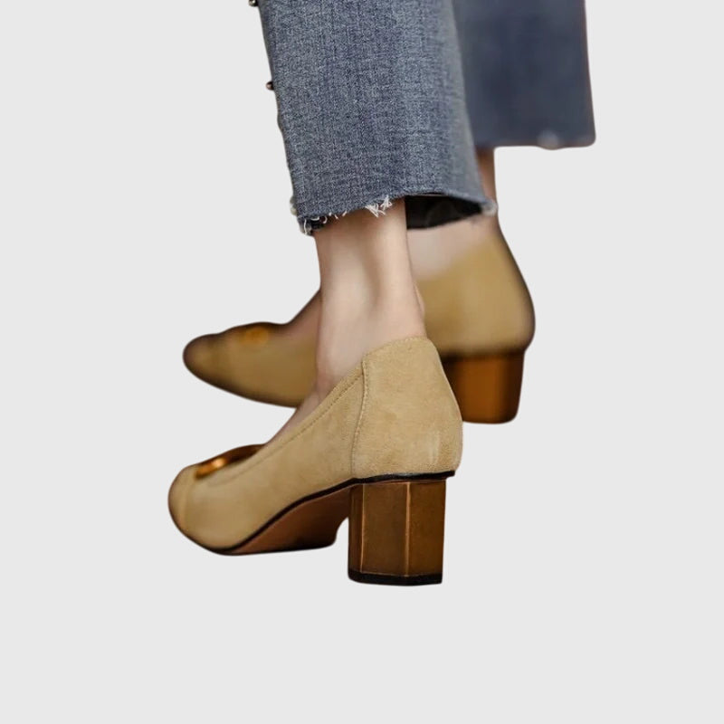 Square Toe Buckle Block Heel Pumps