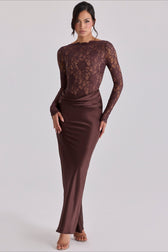 Sheer Lace Panel Ruched Satin Mermaid Maxi Lace Dress