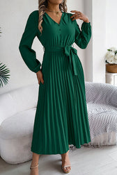 Solid Color Elegant V-neck Buttoned Lace-up Pleated Maxi Dress - View 22