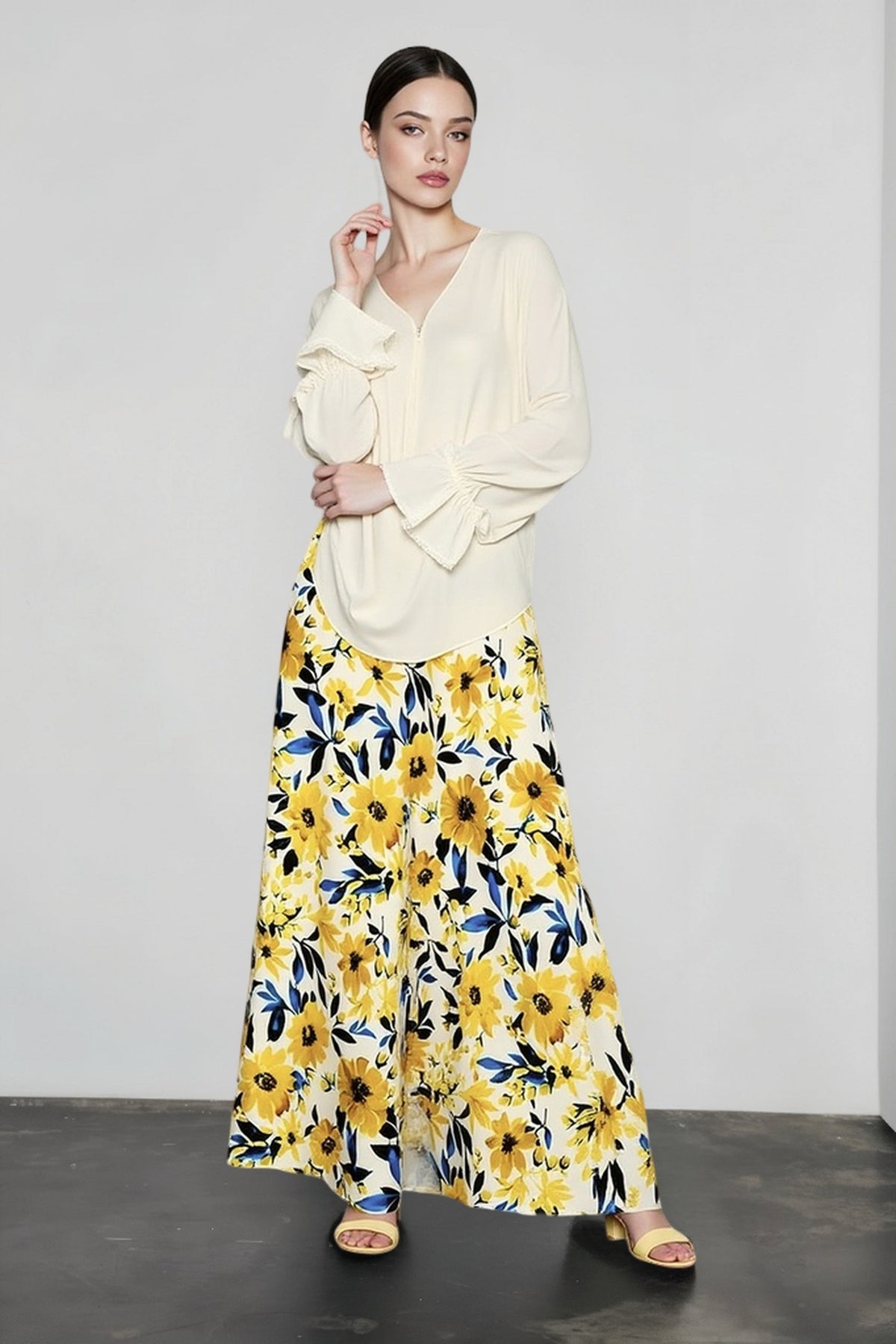 Sunflower Floral Print High Waist Flowy Maxi Skirt