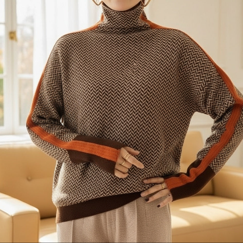 Turtleneck Long Sleeve Herringbone Knit Sweater
