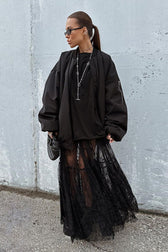 Black Lace Panel Boho Maxi Skirt