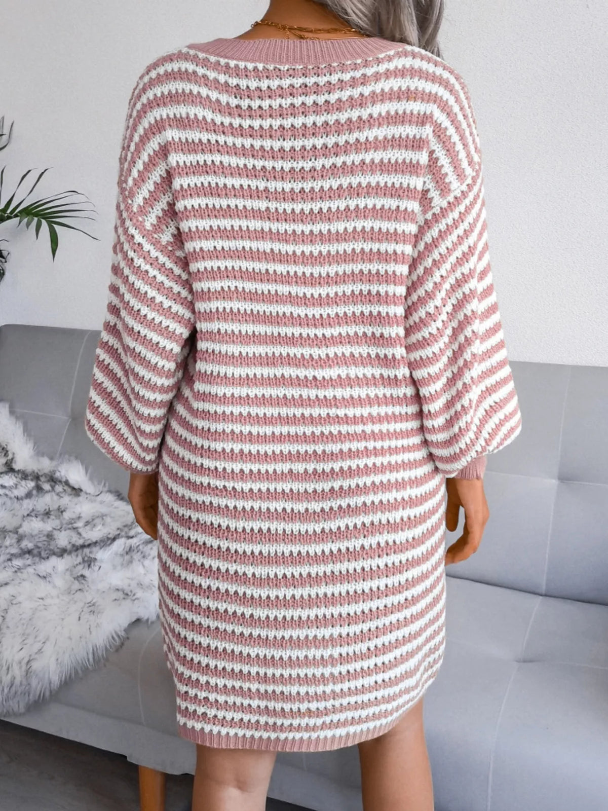 Striped Knit V-Neck Balloon Sleeve Oversized Sweater Dress 3