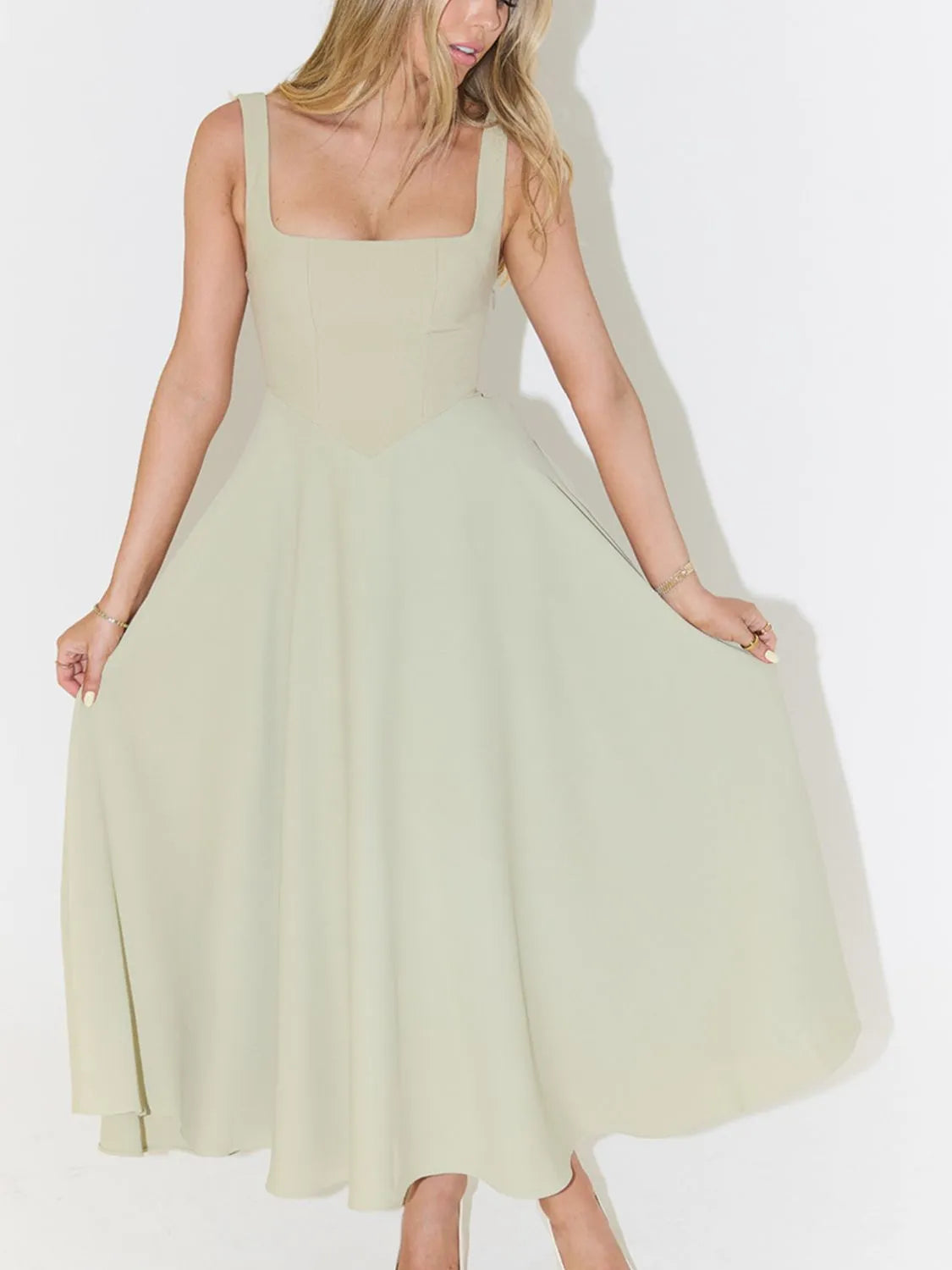 Square Neck Sleeveless Midi Dress Light Green