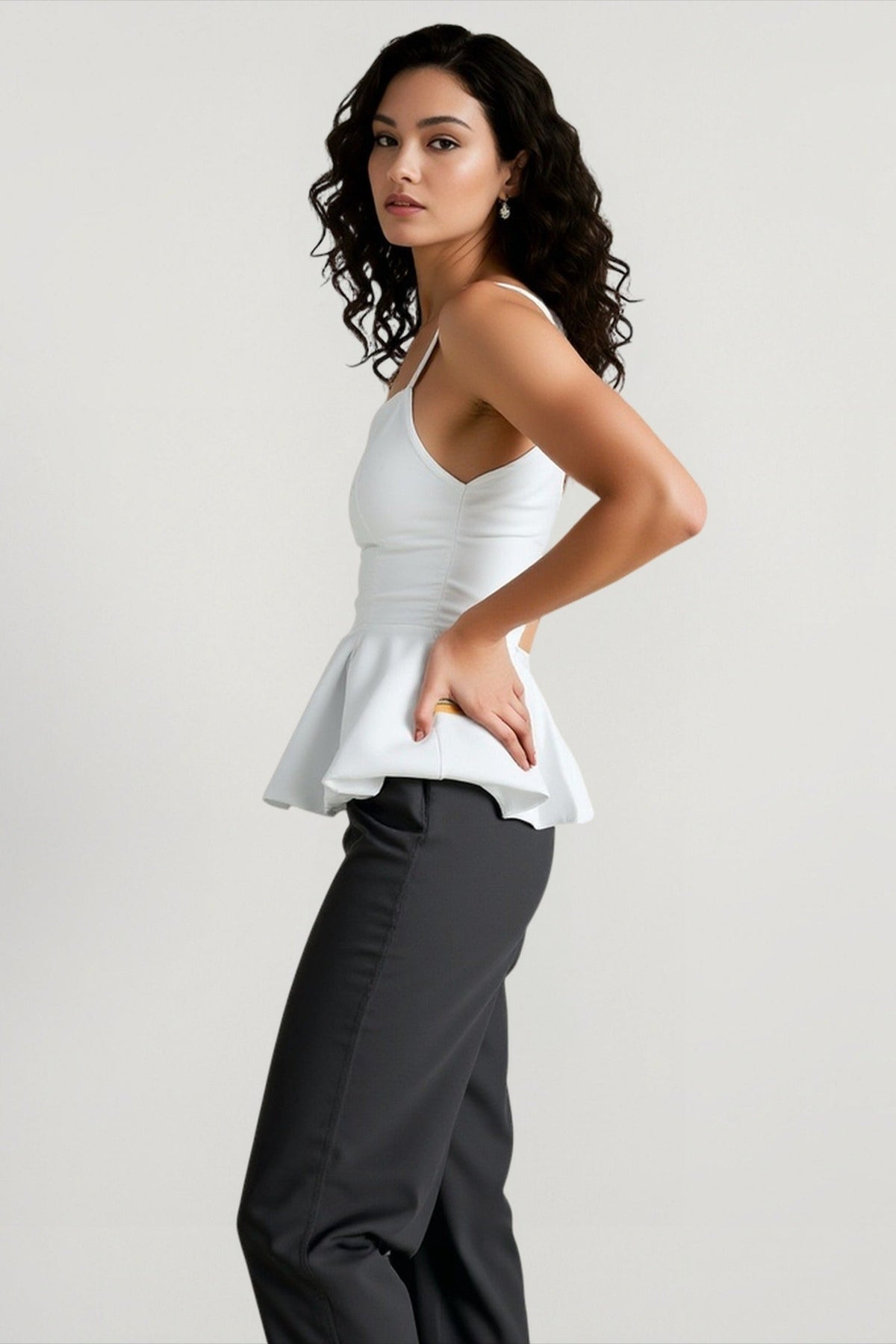 Satin Sweetheart Neck Pleated Peplum Hem Spaghetti Strap Cami Top 3