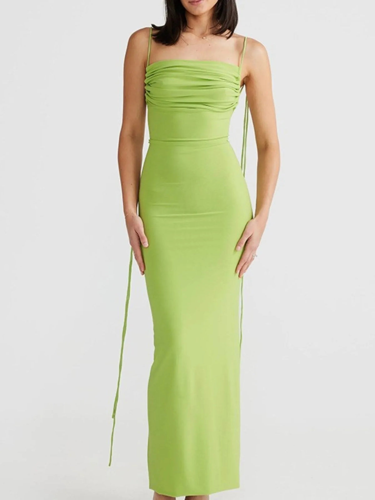 Asymmetric Neck Ruched Bust Tie Strap Open Back Bodycon Maxi Dress 19