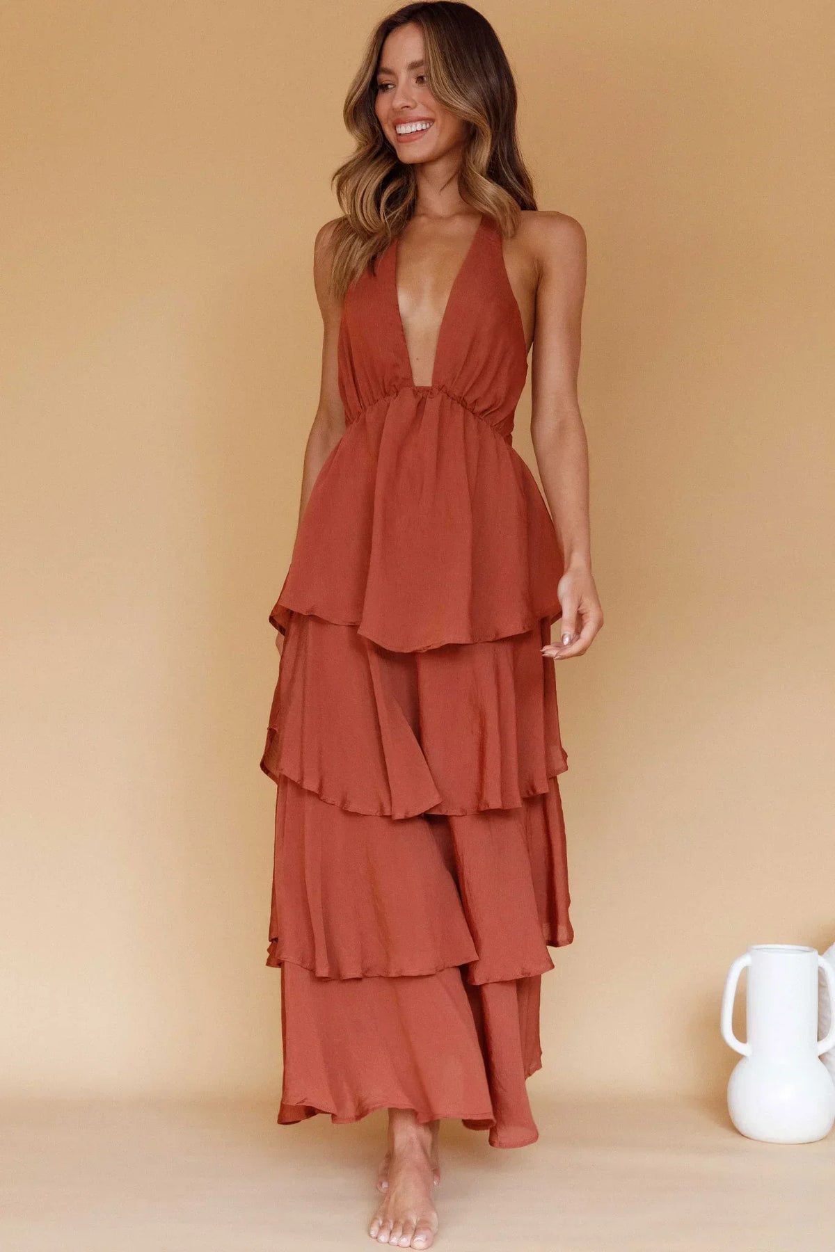 Plunge Halter Neck Tie Back Tiered Ruffle Maxi Dress 8
