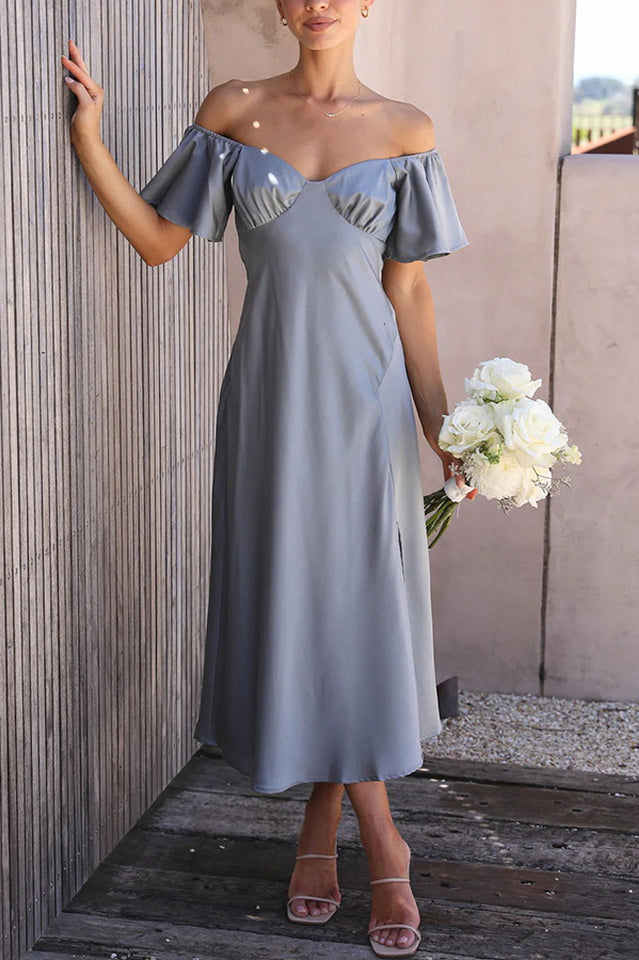 Satin Off Shoulder Puff Sleeve High Split Midi Dress 4