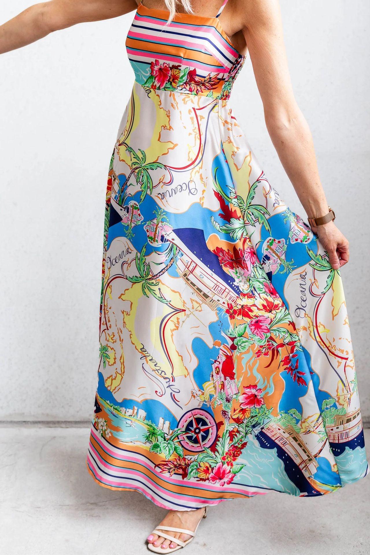 Printed painted holiday style suspender dress
