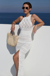 Crochet Knit High Neck High Split Maxi Dress 3