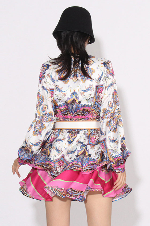 Paisley Print V-Neck Mini Dress With Belt