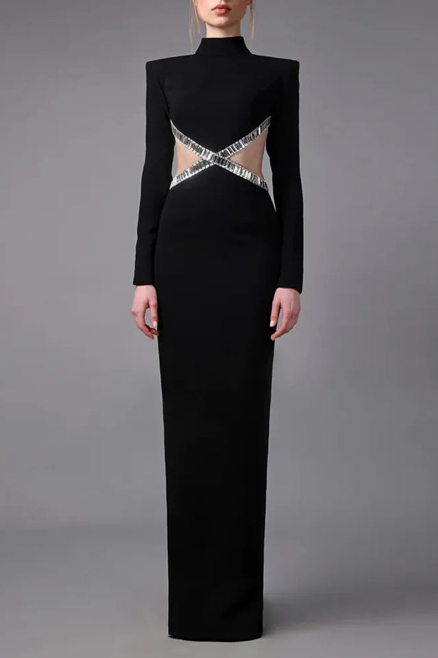 Crystal Trim Cut Out Crepe Maxi Dress - View 6