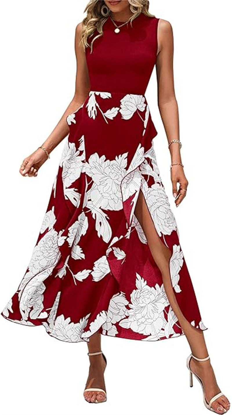 Elegant printed sleeveless midi dress Red