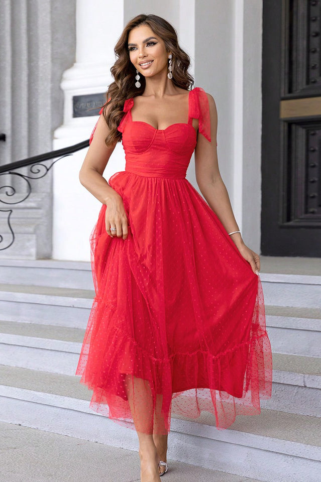 Tulle Swiss Dot Bustier Sweetheart Tie Shoulder Tiered Ruffle Maxi Dress