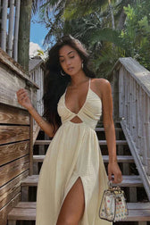 Cut Out Deep V-Neck Spaghetti Strap High Split Maxi Dress