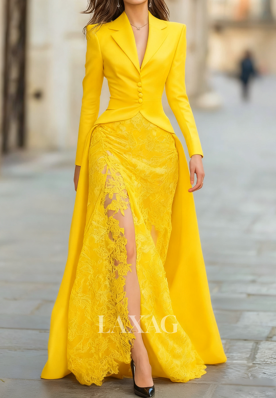 Deep V-Neck Long-Sleeves Satin&Lace Floor-Length Mermaid Evening Dress with Train