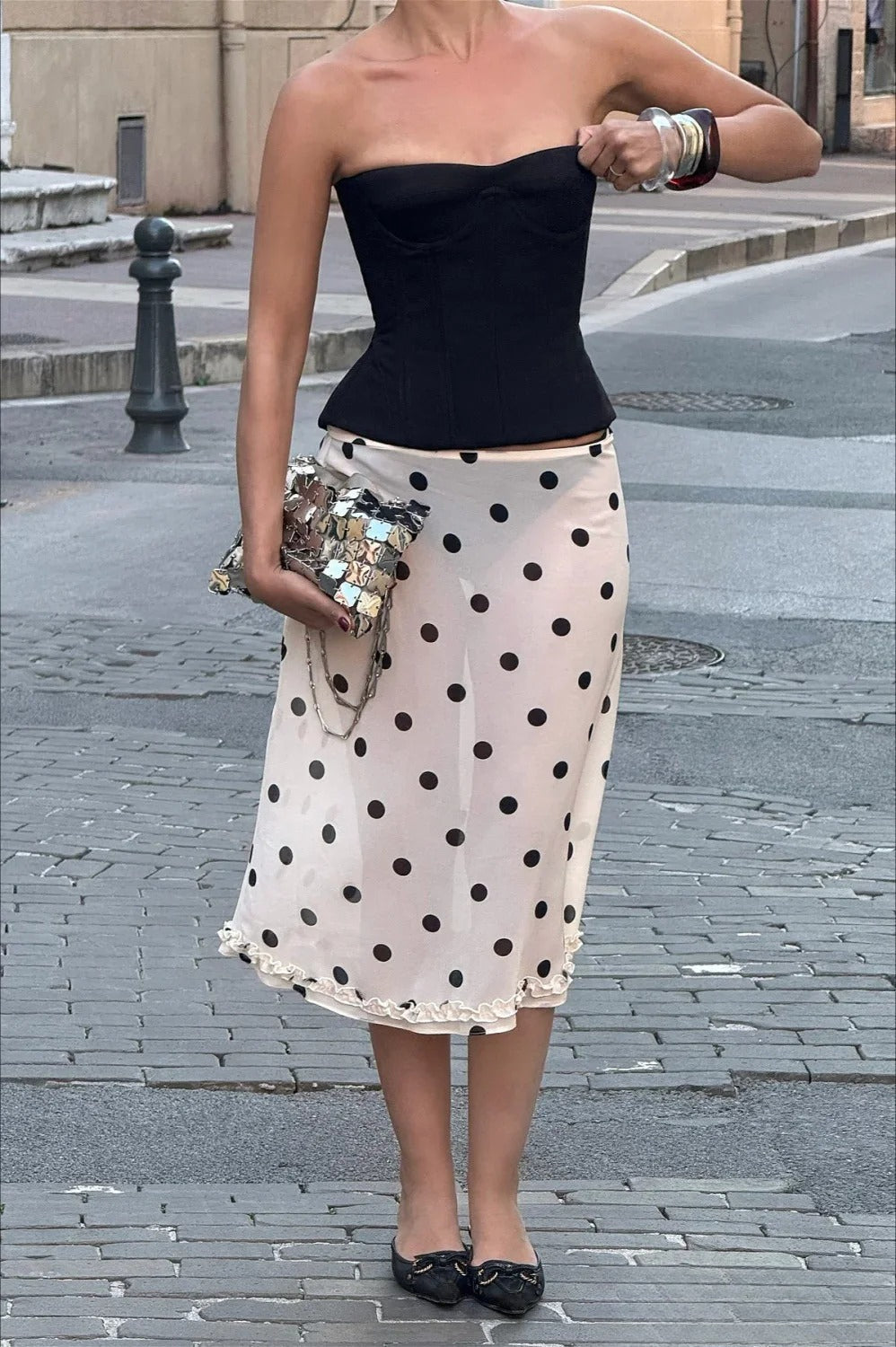Polka Dot Sheer High Waist Ruffle Hem A-Line Midi Skirt 3