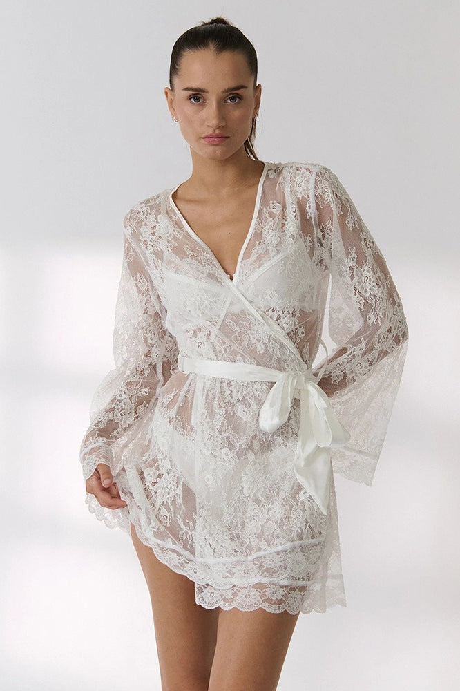 Lace Sheer Long Sleeve Lace-Up Slim Mini Lace Dress