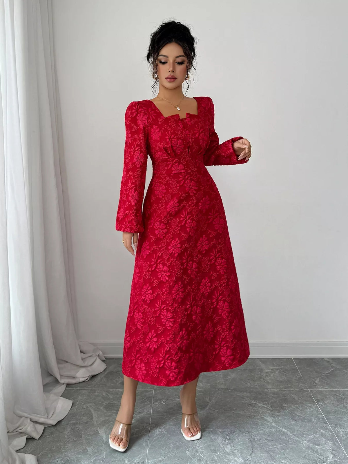 Floral Jacquard Square Neck Balloon Sleeve A-Line Midi Dress 6