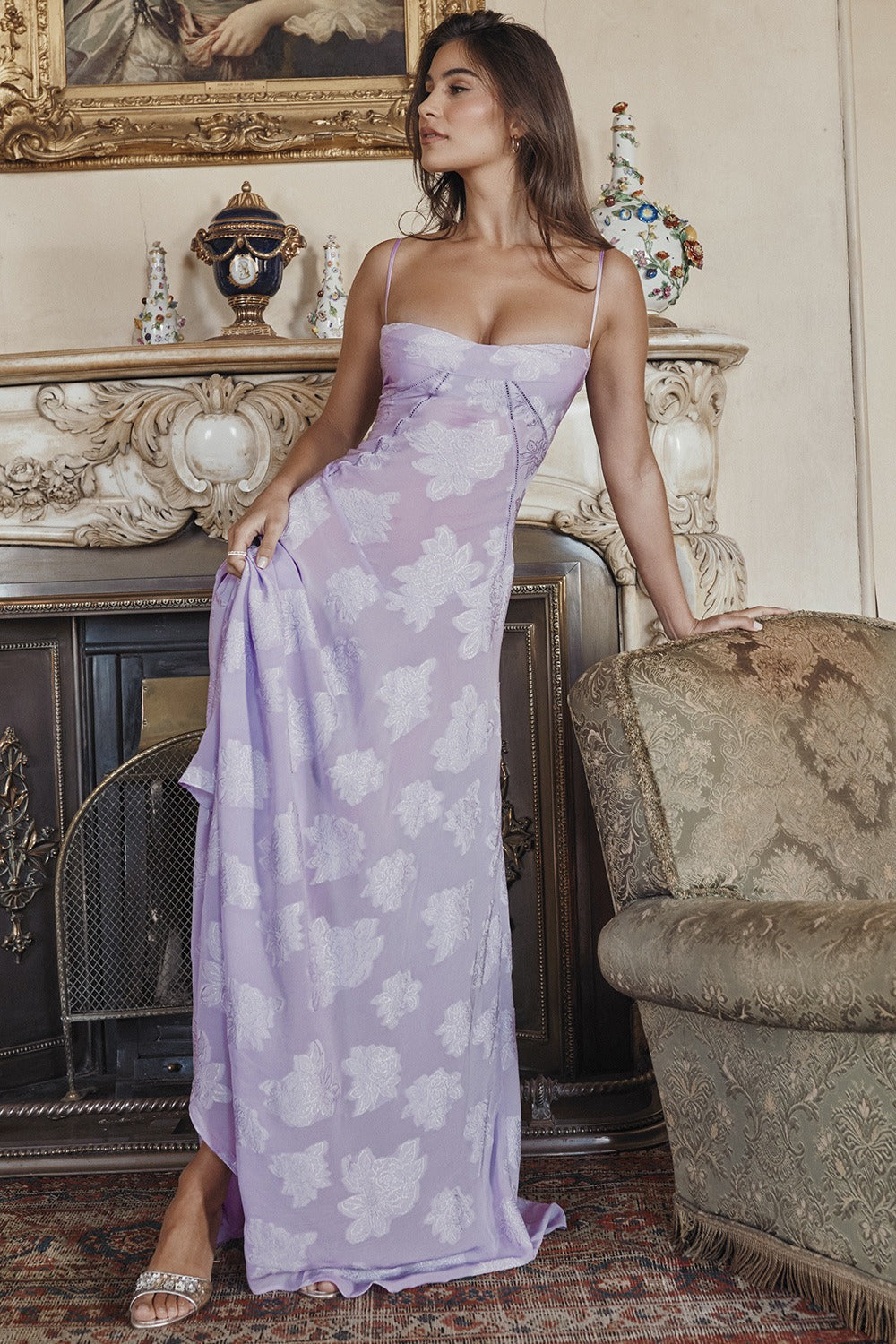 Floral Jacquard Spaghetti Strap Square Neck Maxi Dress