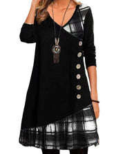 Plaid Patchwork V-Neck Long Sleeve Button Front Tunic Dress 4