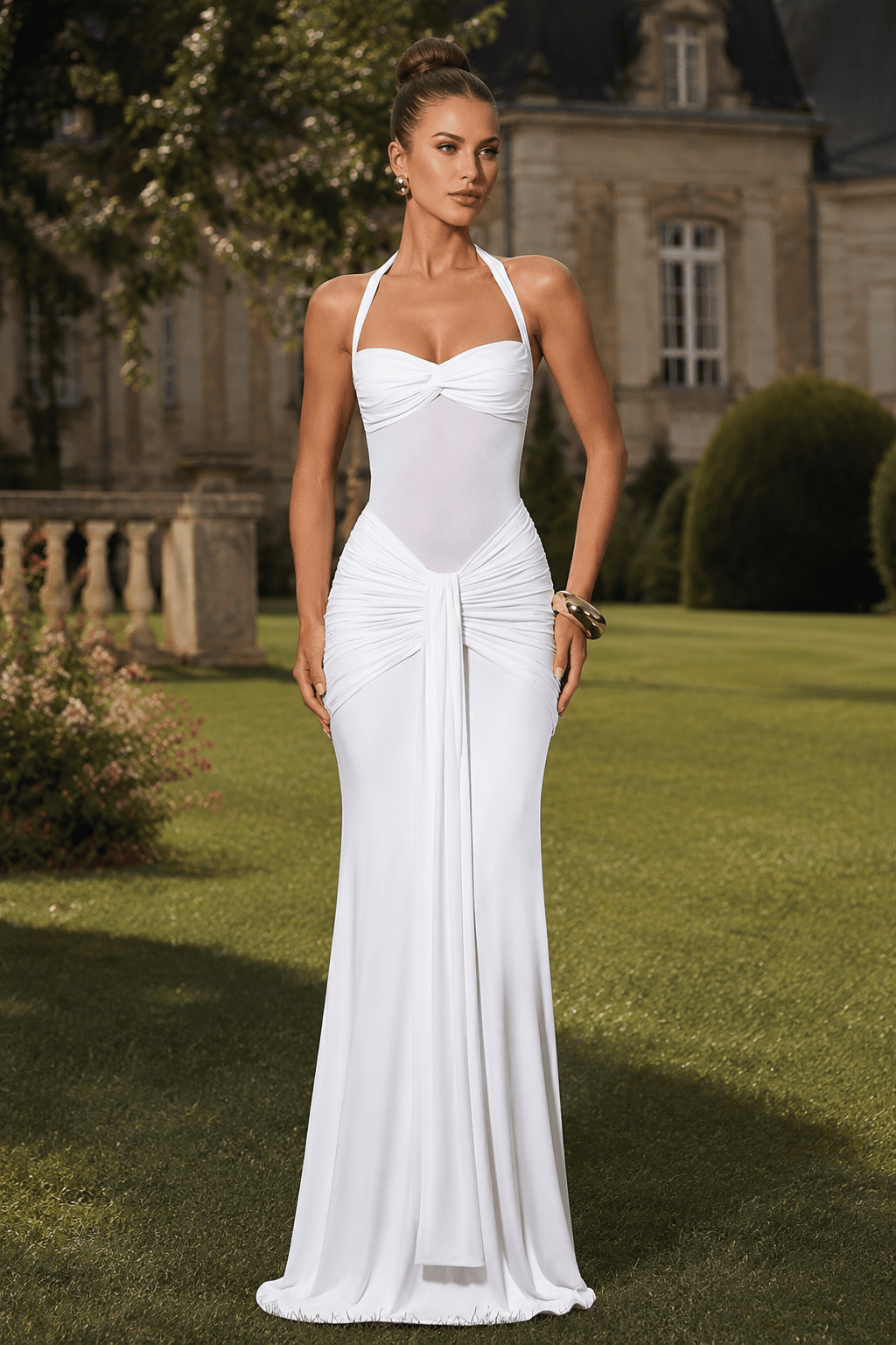 Ruched Halter Drape Tie Curve Long Slip Dress