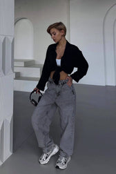 High-Waist Vintage Washed Straight-Leg Denim Jeans