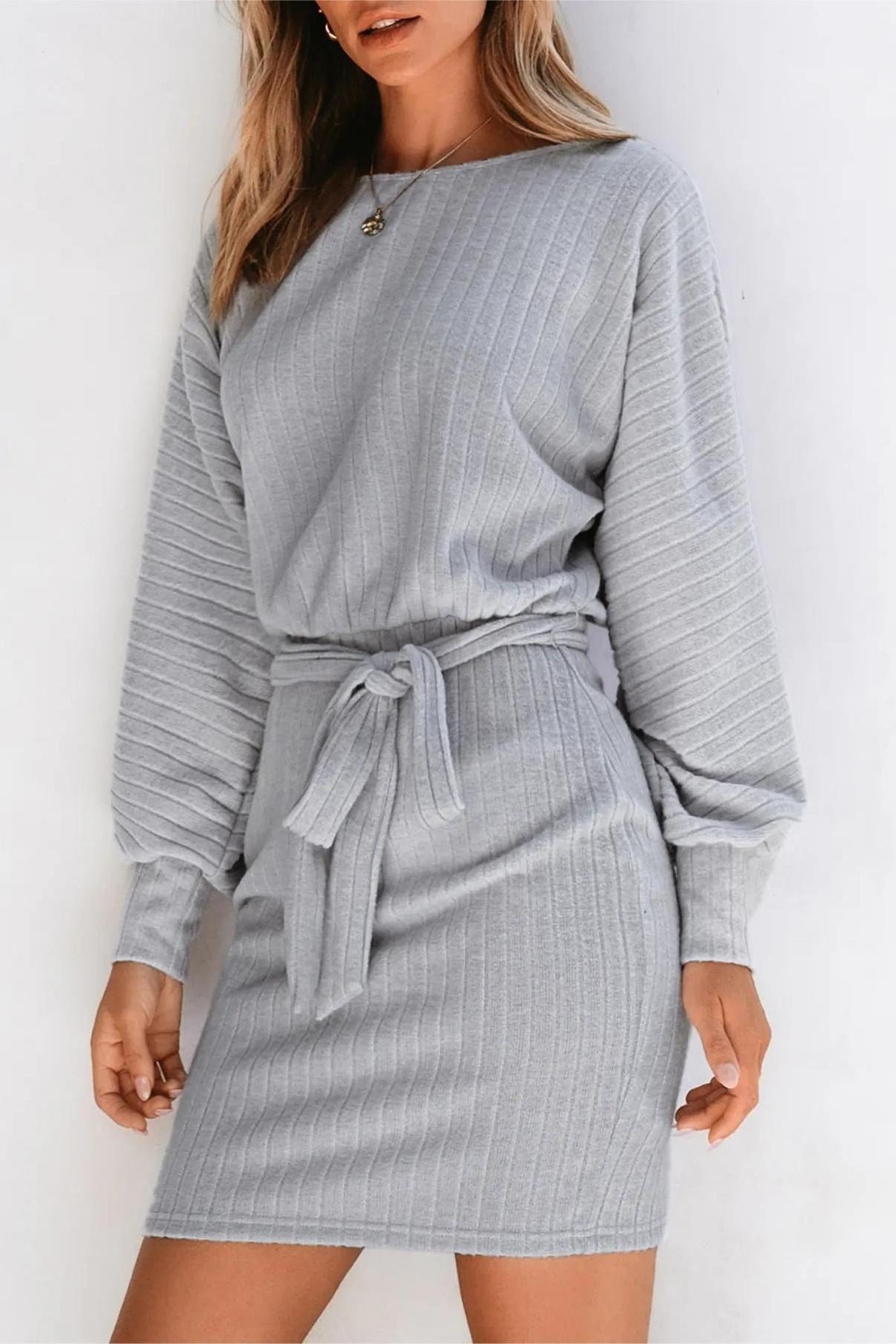 Ribbed Knit Belted Sweater Dress