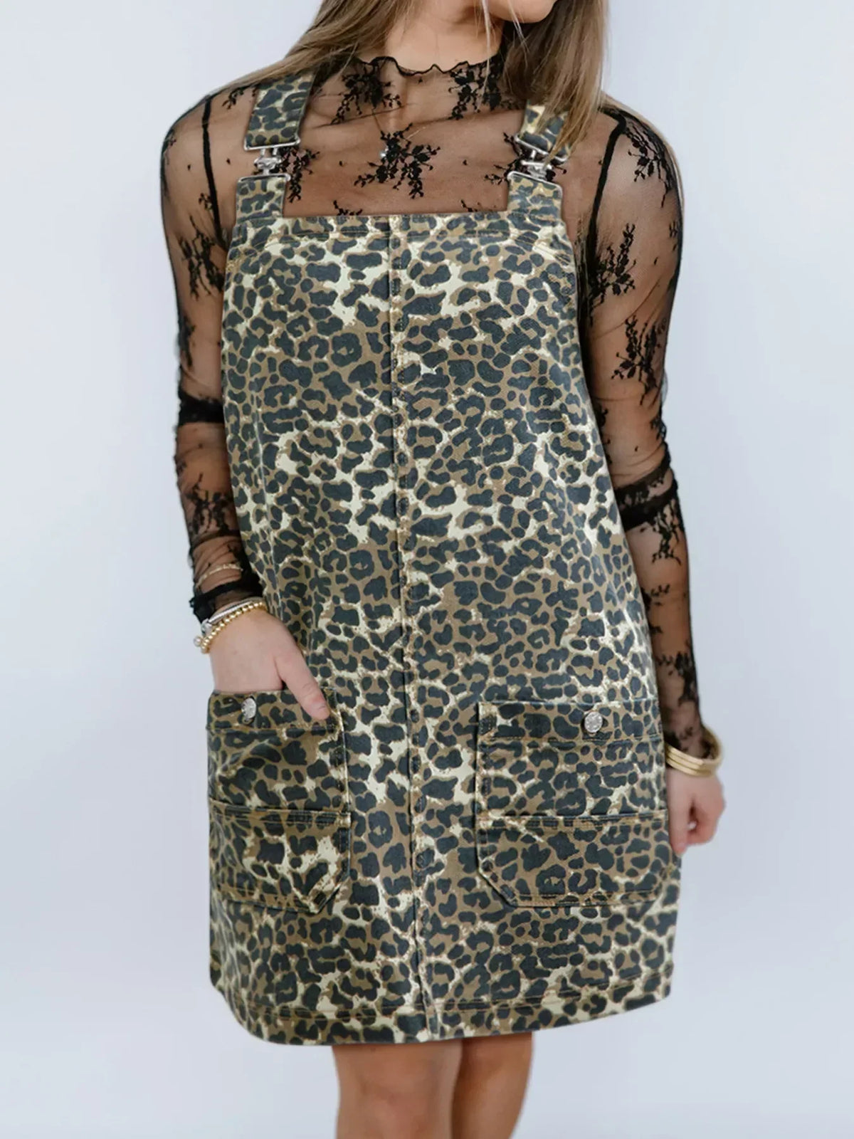 Leopard Print Denim-Look Patch Pocket Overall Pinafore Dress 3