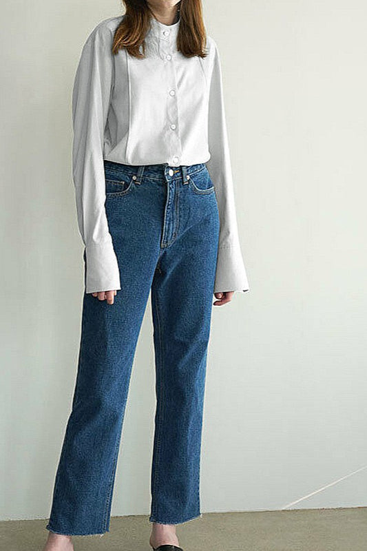 Tie Neck Stand Collar Long Sleeve Split Cuff Button Front Blouse 9