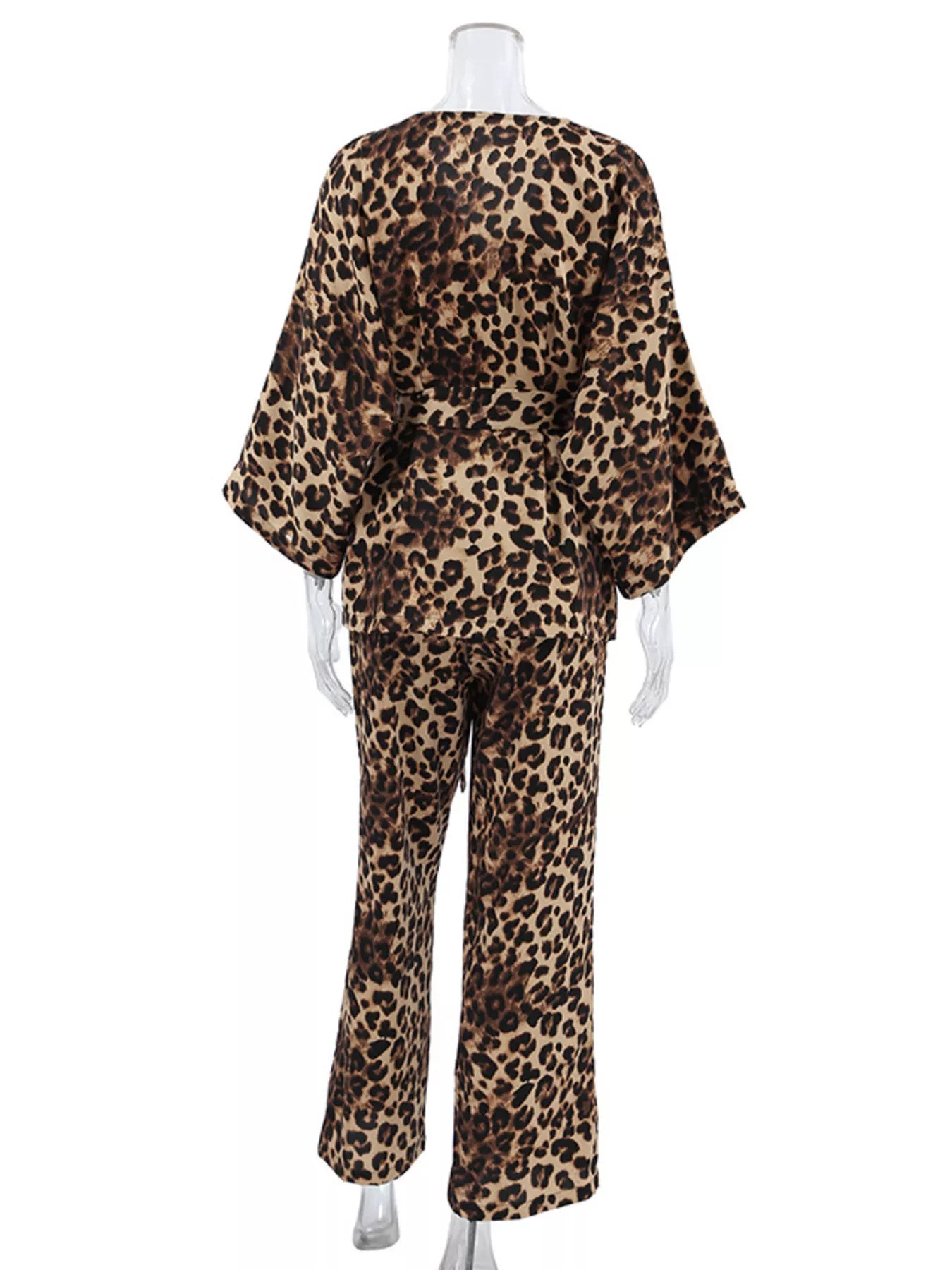 Leopard Cardigan and Wide Leg Pants Lounge Set