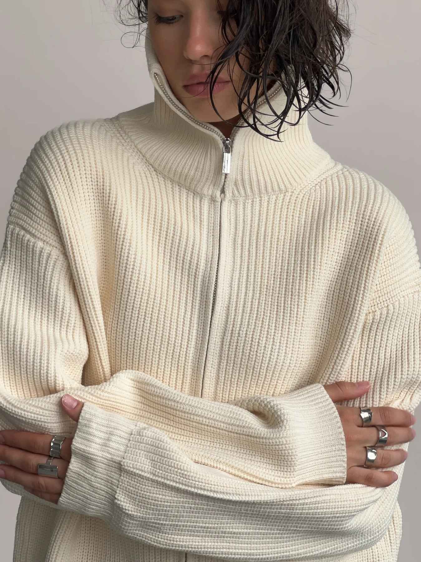 Zip-Up Ribbed Knit Cardigan