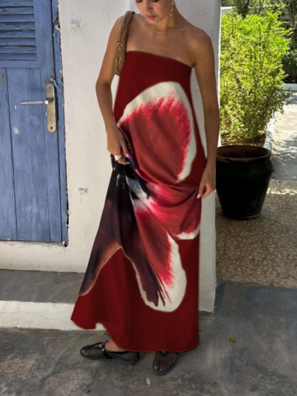 Printed tube top open back high waist dress Red