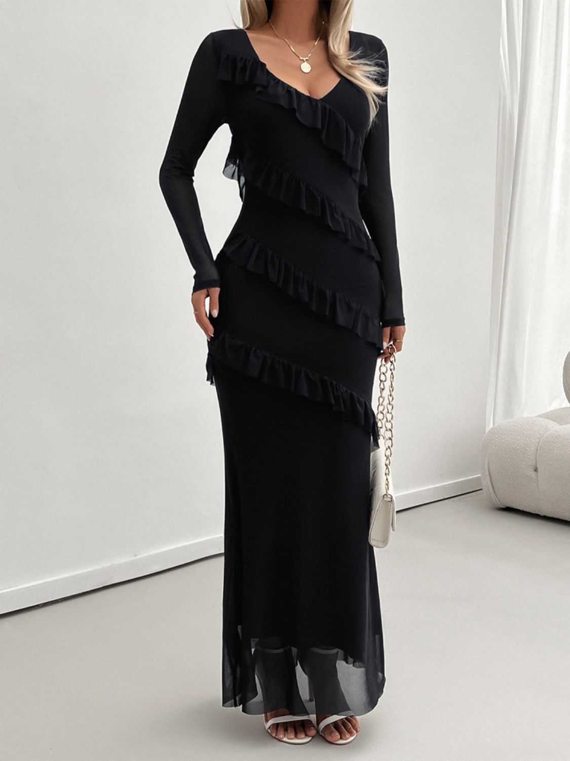 Mesh Surplice V-Neck Long Sleeve Tiered Ruffle Mermaid Maxi Dress 13