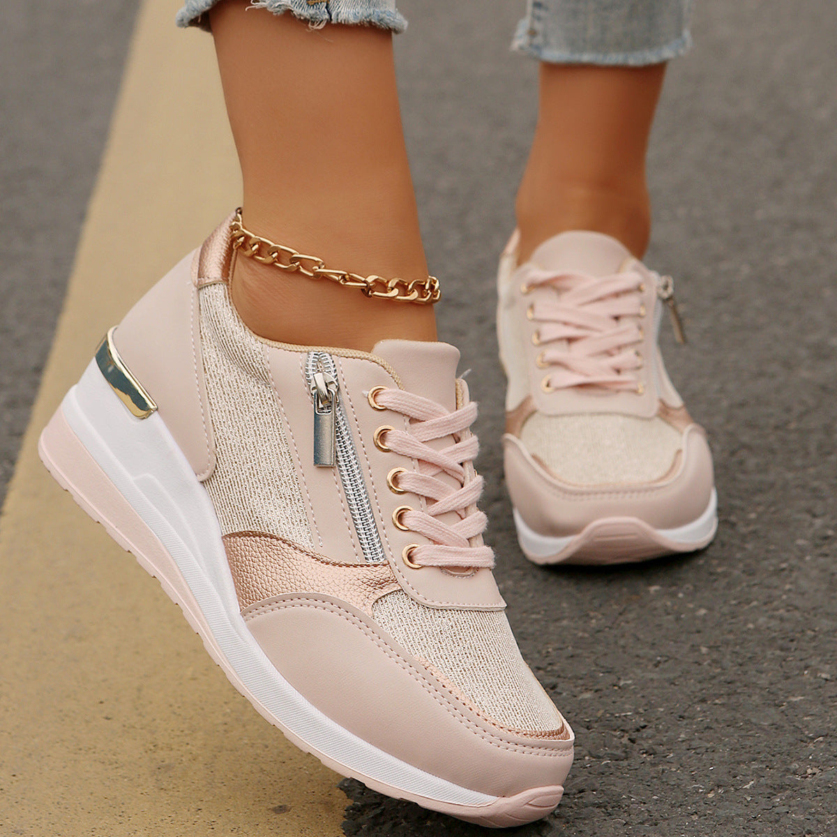 Lace Up Side Zip Wedge Sneakers