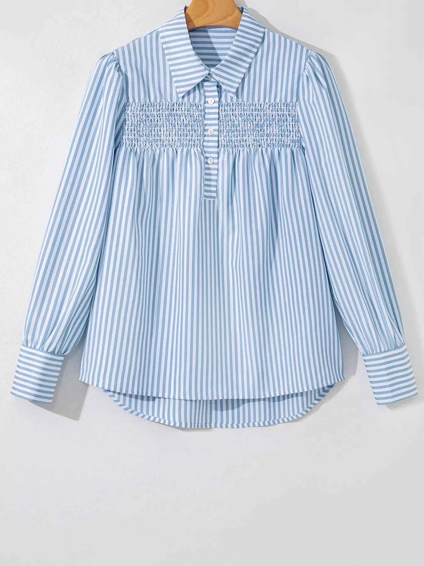 Striped Smocked Collared Neck Blouse
