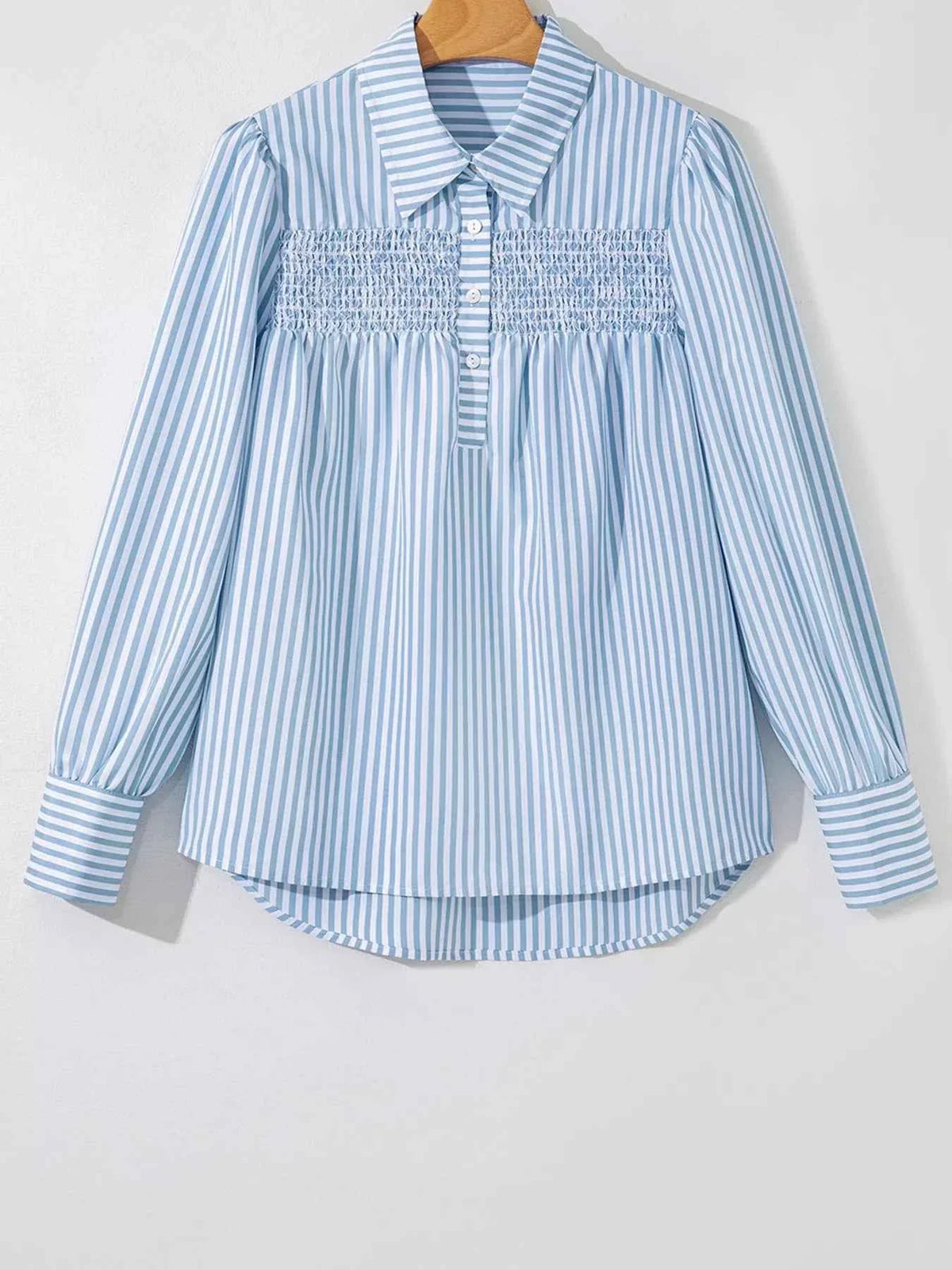 Striped Collared Smocked Yoke Half Button Long Sleeve Blouse 6