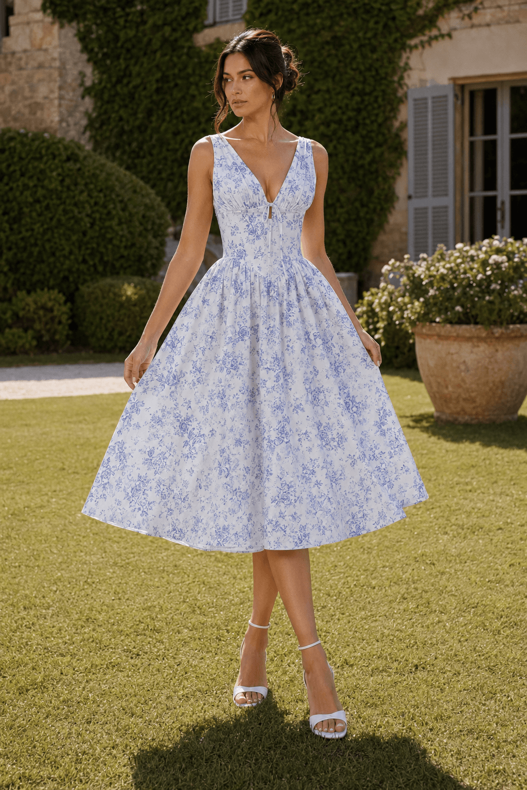 Spaghetti Strap V Neck Fitted Long Floral Dress